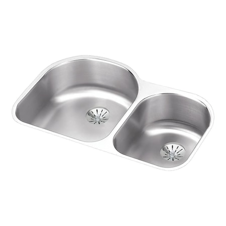 Elkay Lustertone Stainless Steel 31-1/4X20X7-1/2 Offset 60/40 Double Bowl Undermount Sink W/ Perfect Drain ELUH3119RPD